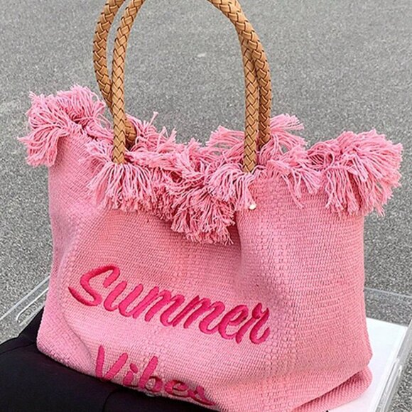 Pink Vacation Women's Large Capacity Letter & Tassel Canvas Tote Bag - Picture 7 of 8
